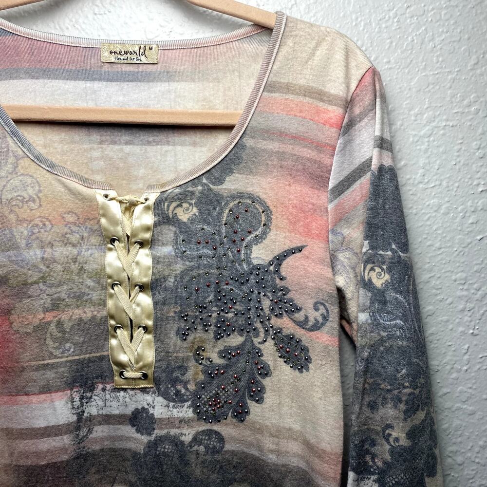 Vtg Y2K One World Lace up Paisley Rhinestone Boho Hippie Whimsy Long Sleeve Sz M - Picture 4 of 14
